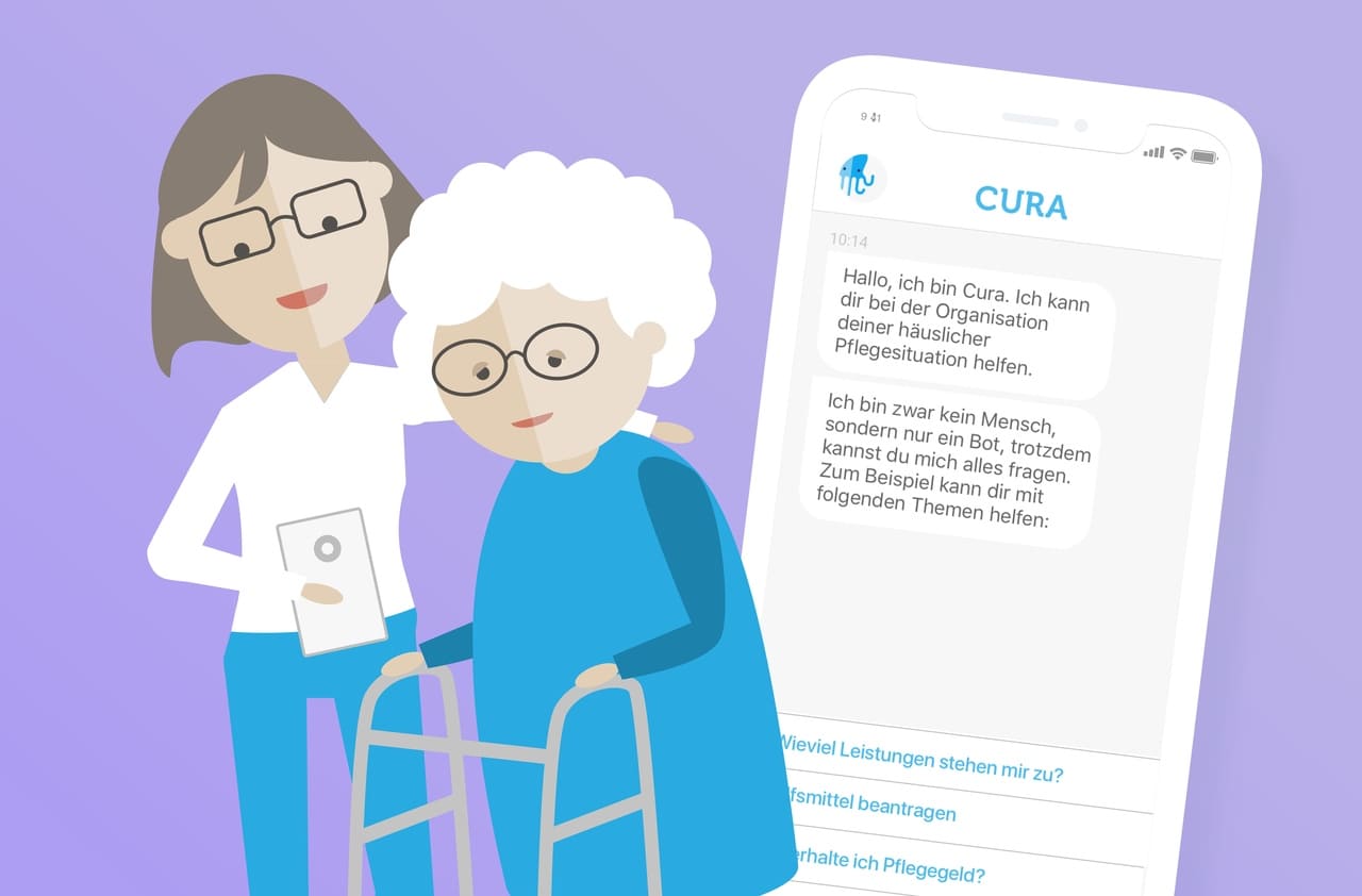 Smartphone screen showing the Cura care-assistant chat interface.